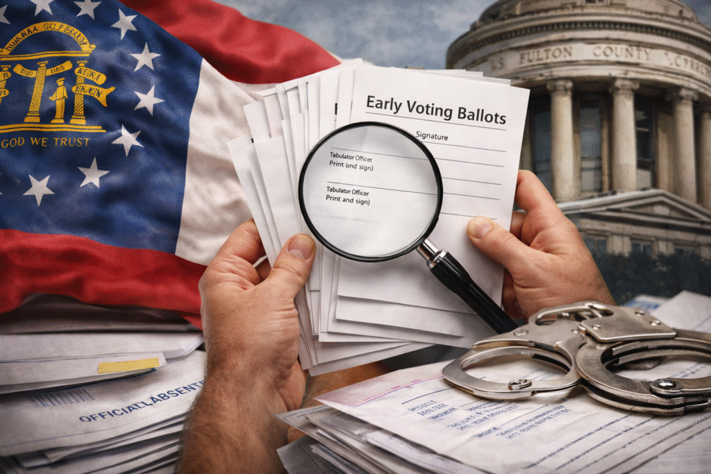 Hands holding a stack of unsigned early voting ballots examined with a magnifying glass, with the Georgia state flag, Fulton County courthouse, absentee ballot envelopes, and handcuffs visible in the background.