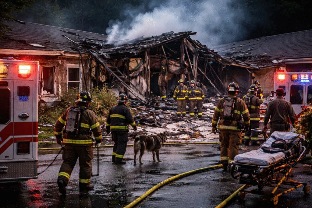 Firefighters and rescue crews respond to a collapsed nursing home in the Philadelphia area following an explosion, with damaged structures, emergency vehicles, and search operations underway at dusk.