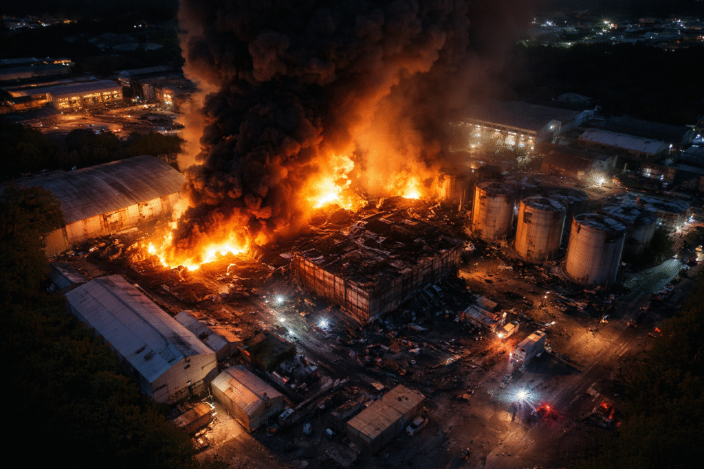 Nighttime aerial view of an industrial facility in Venezuela showing multiple buildings and storage tanks engulfed in fire after an explosion, with thick smoke rising and emergency vehicles visible nearby.
