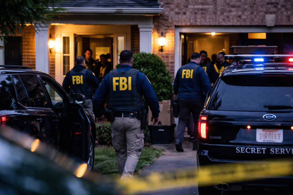 FBI agents wearing marked jackets conduct a raid at a suburban home while law enforcement vehicles with flashing lights are parked outside during an active federal investigation.