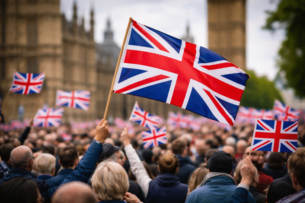 A large crowd of people wave Union Jack flags near the Houses of Parliament in London, with Big Ben visible in the background.