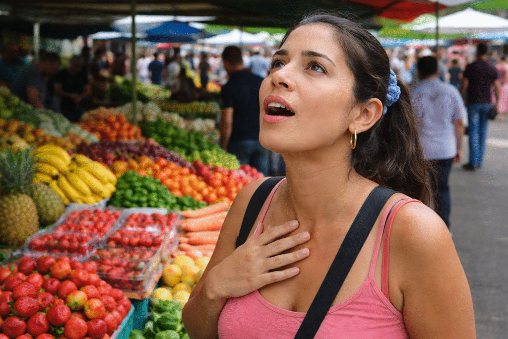 A young Cuban woman reacts with visible emotion while standing among abundant fresh fruits and vegetables at an outdoor farmers market in Costa Rica.