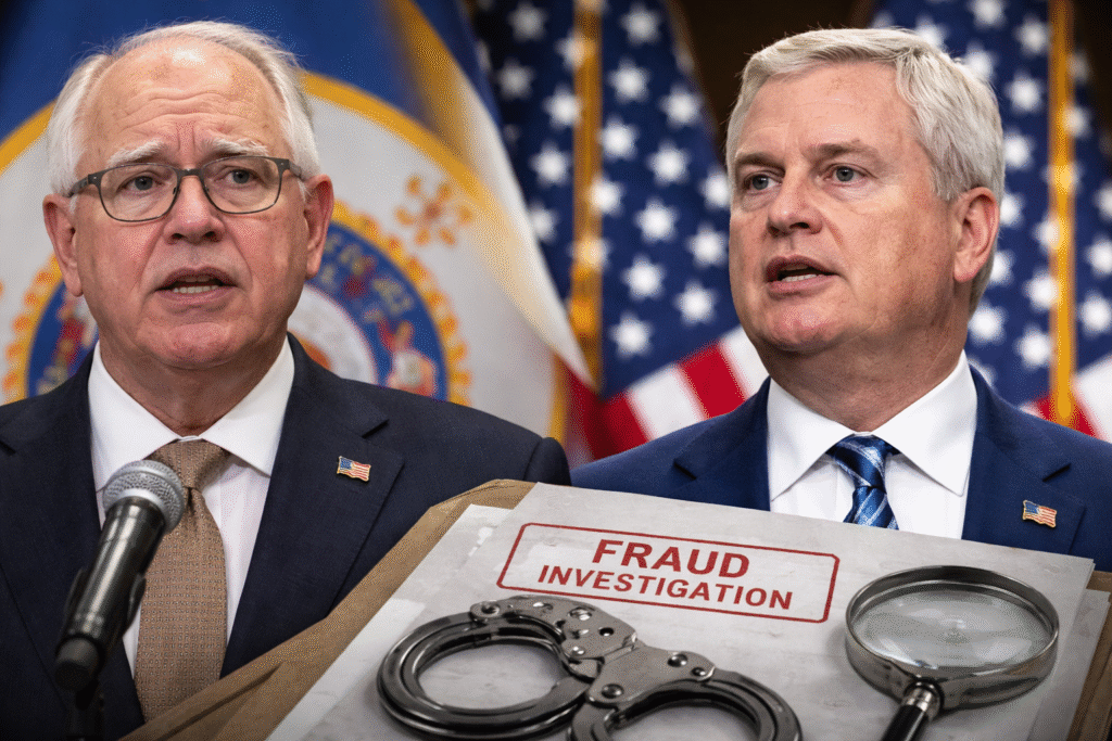 Minnesota Governor Tim Walz and House Oversight Chairman James Comer speaking at separate podiums, with U.S. and Minnesota flags behind them and an investigative folder, handcuffs, and magnifying glass visible in the foreground.