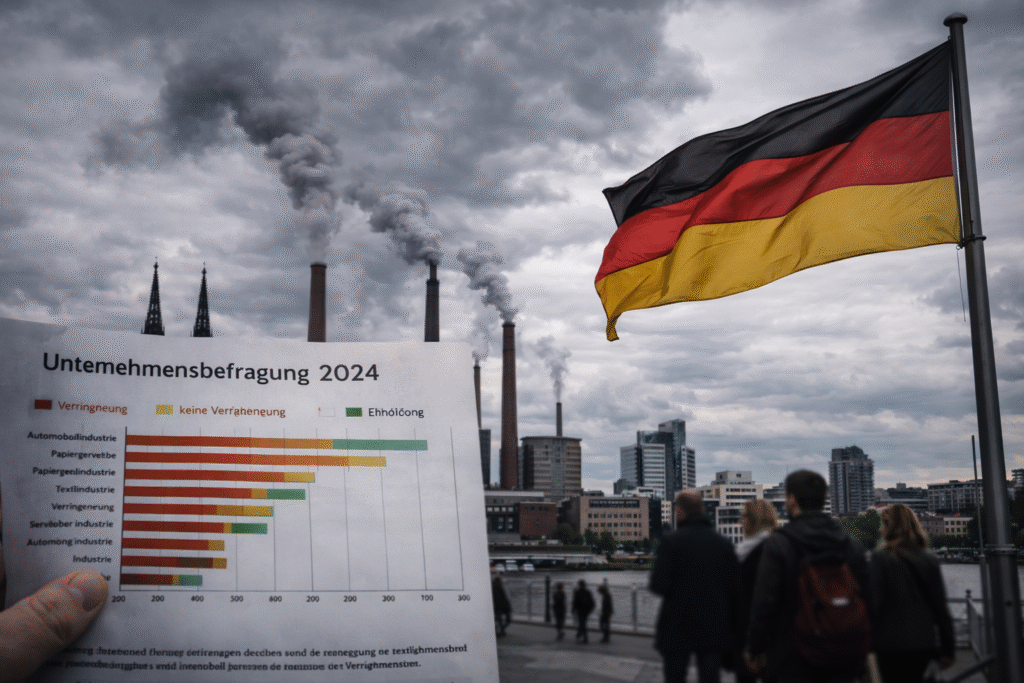 German flag waves in the foreground as factory smokestacks emit heavy smoke under dark skies, with a business survey chart visible showing declining conditions across multiple German industries.