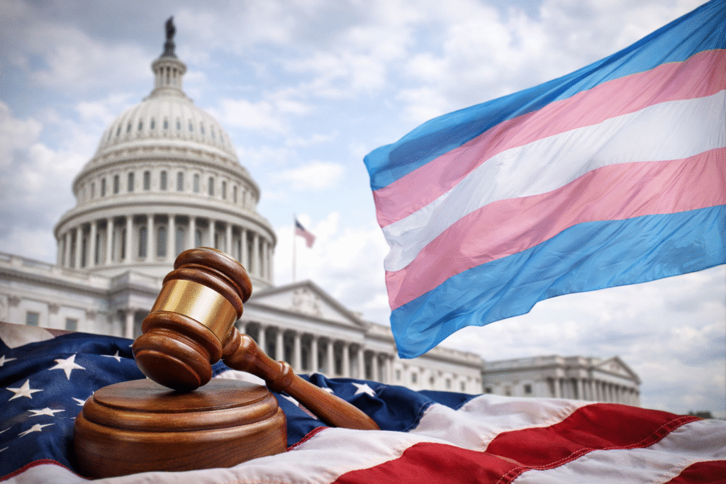 U.S. Capitol building in the background with a judge’s gavel resting on an American flag in the foreground and a transgender pride flag waving nearby.