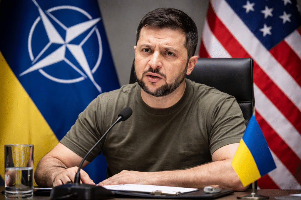 Ukrainian President Volodymyr Zelenskyy speaks at a desk during a briefing, with NATO, U.S., and Ukrainian flags displayed behind him.
