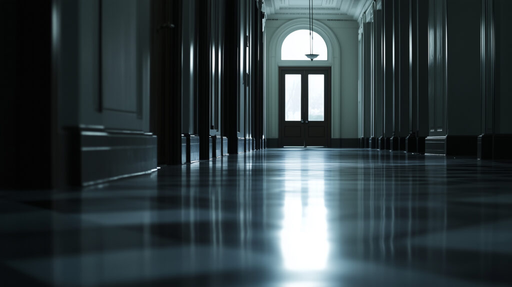 A dark, empty institutional hallway inside a federal-style building. Dim overhead lighting, long corridors, and closed office doors create a cold, secretive atmosphere.