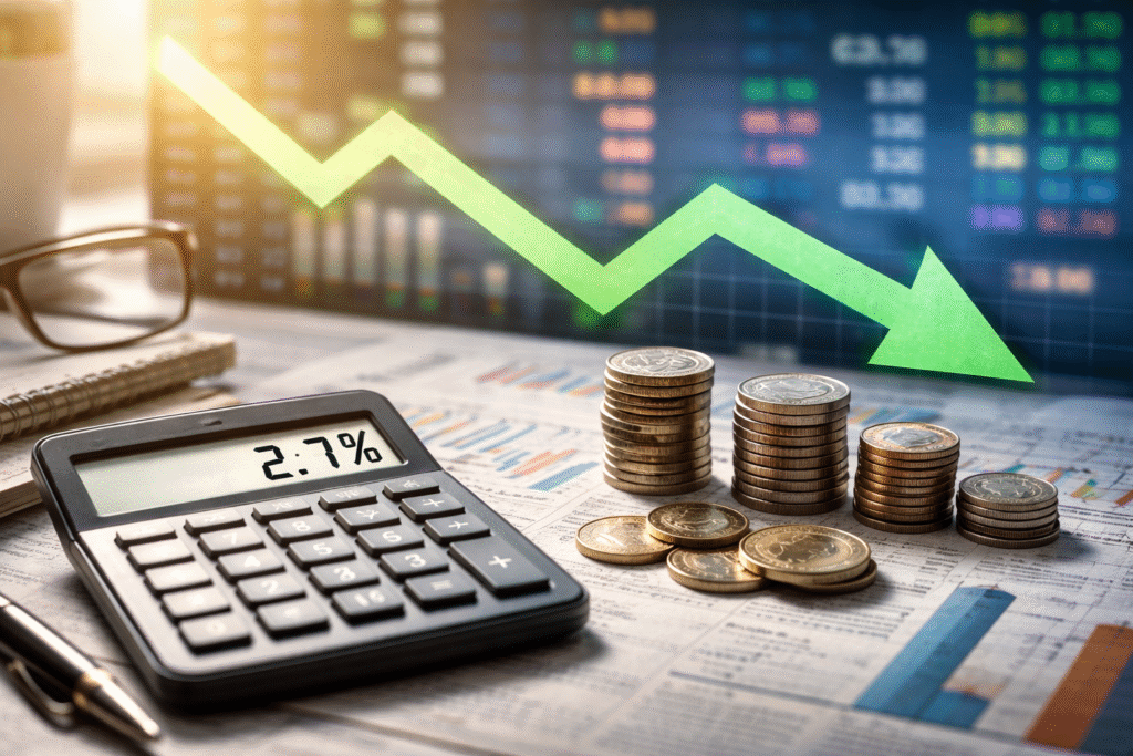 Calculator displaying “2.7%” beside stacked coins on financial documents, with a downward green arrow and blurred stock market data in the background, illustrating easing inflation and economic indicators.