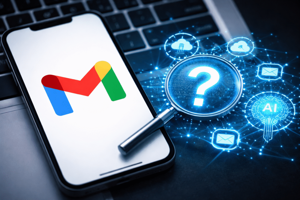 A smartphone displaying the Gmail logo rests on a laptop keyboard beside a magnifying glass highlighting a question mark, with glowing digital icons representing AI, cloud data, and email connections in the background.