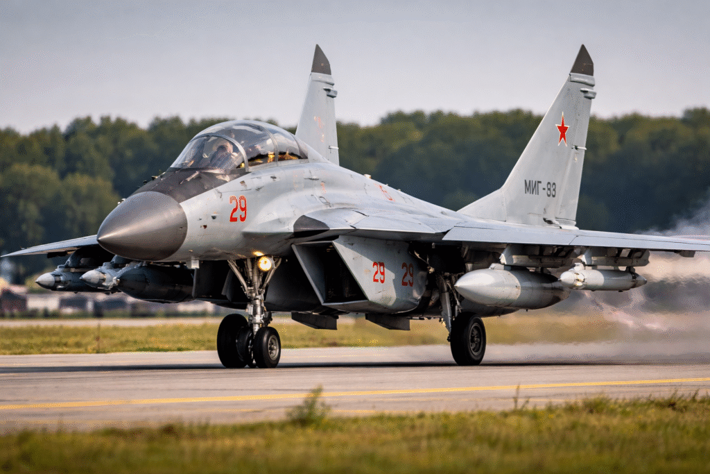 Russian MiG-35 fighter jet taxiing on a runway in daylight, showing twin engines, deployed landing gear, and underwing missile armaments.