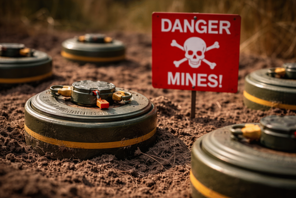Close-up view of multiple anti-personnel landmines partially embedded in dirt, with a red warning sign marked “Danger Mines” standing nearby in an outdoor field.