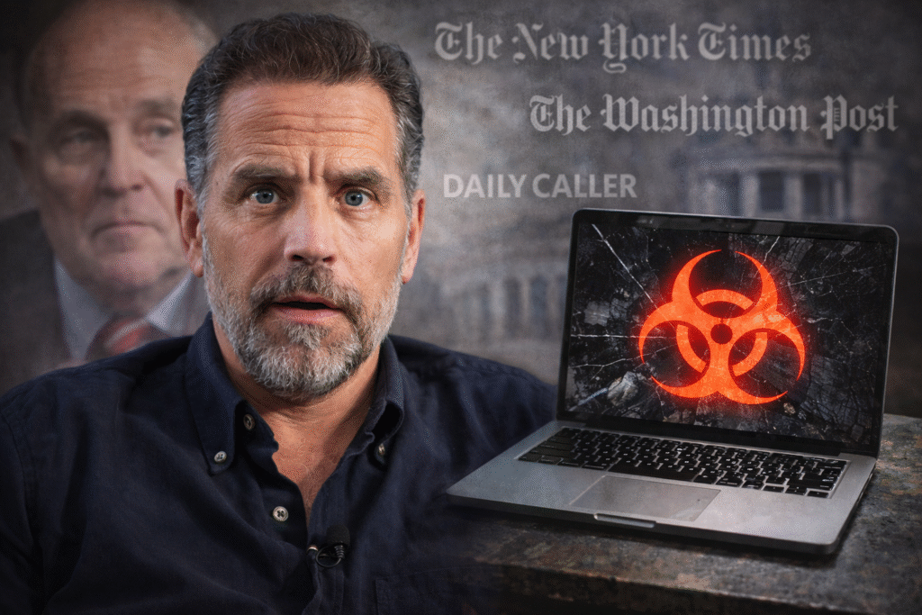 Hunter Biden speaking during a podcast interview, seated beside a laptop displaying a biohazard symbol, with blurred media outlet logos and a background image of Rudy Giuliani behind him.