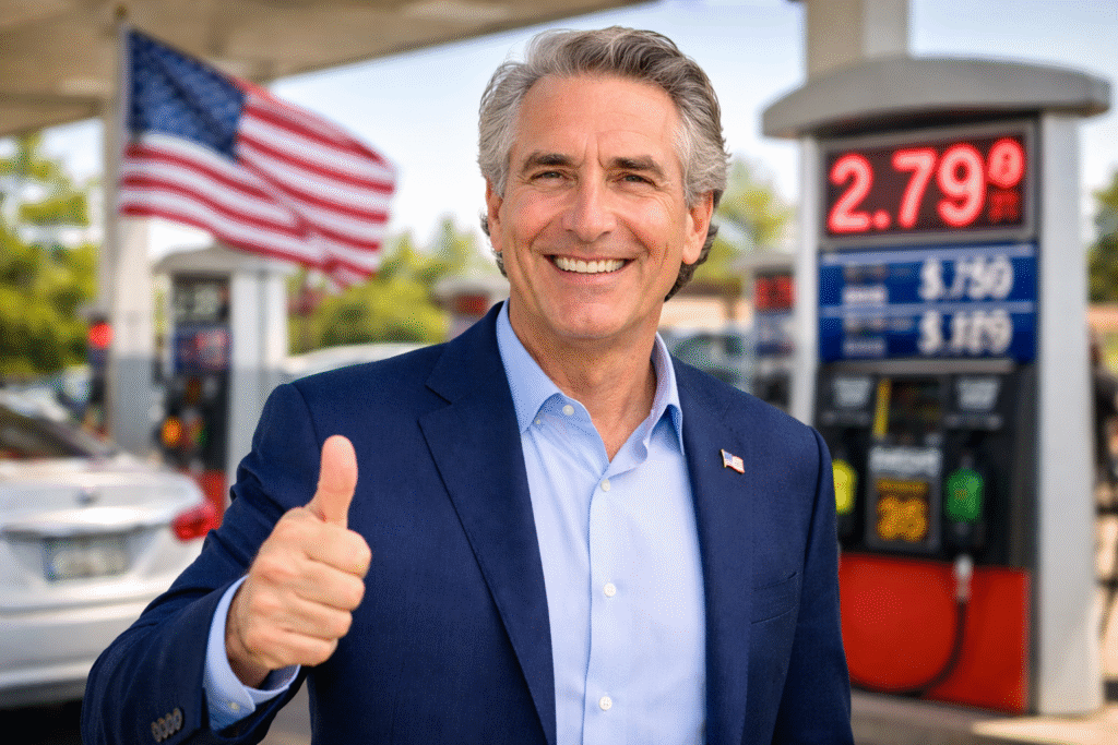 Interior Secretary Doug Burgum smiles and gives a thumbs-up while standing at a gas station, with fuel pumps, a posted gas price sign, and an American flag visible in the background.