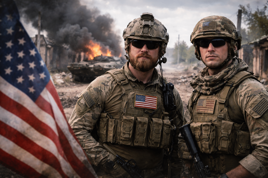Two armed men wearing military camouflage and helmets with U.S. flag patches stand in a destroyed urban area, with burning vehicles, smoke, and damaged buildings visible in the background.