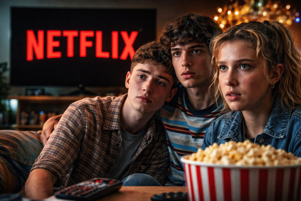 Television screen displaying a dark, moody science-fiction scene reminiscent of Stranger Things, with silhouetted teenage characters standing in a suburban setting and a red-lit sky in the background, evoking cultural controversy around the Netflix series.