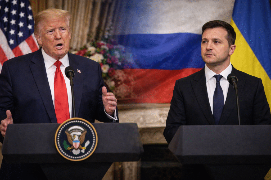 President Donald Trump speaks at a joint press conference beside Ukrainian President Volodymyr Zelensky, with U.S. and Ukrainian flags displayed behind them during talks on a potential Ukraine peace deal.