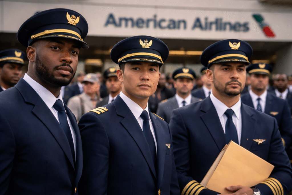Three airline pilots in uniform standing outside an American Airlines terminal, with the company logo visible in the background and other crew members gathered behind them.