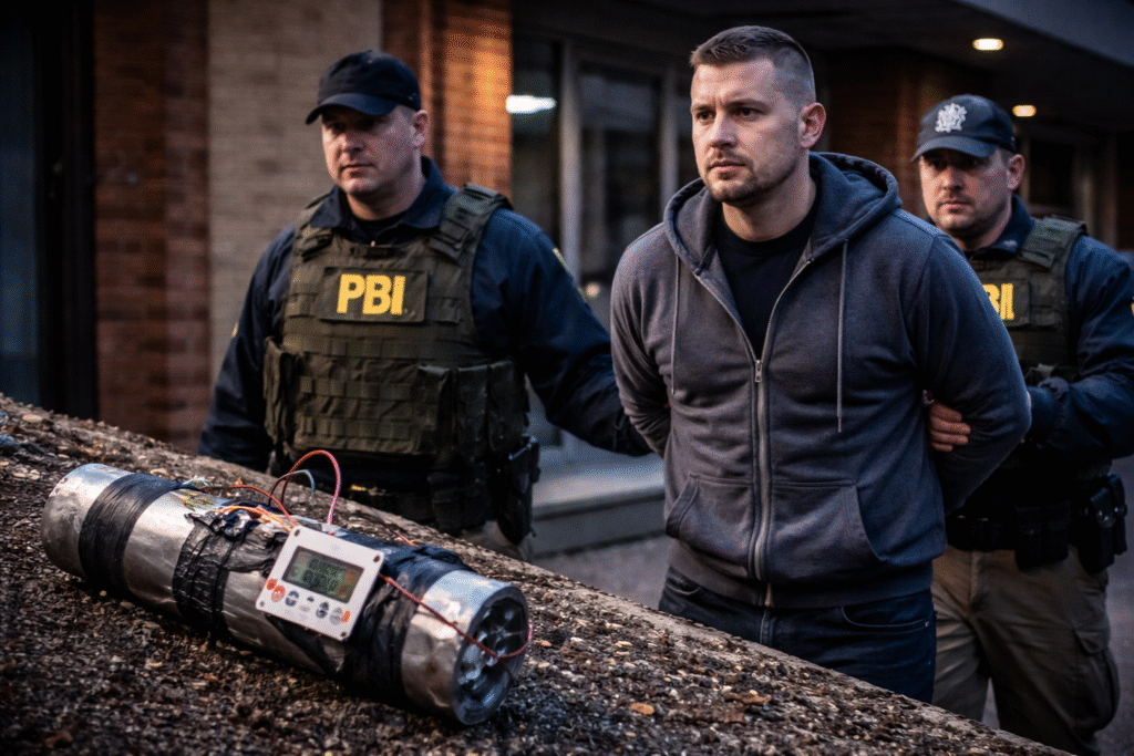 Federal agents escort a handcuffed man outside a government building as a homemade pipe bomb with a timer and wiring sits in the foreground during an investigation related to the January 5 incident.