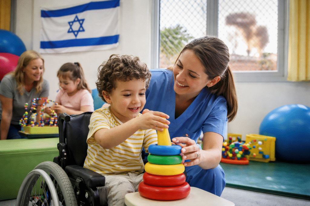 Early childhood therapy session in Israel shows a physical therapist assisting a toddler with disabilities using developmental toys inside a fortified rehabilitation room, with safety-reinforced windows and national symbols visible in the background.