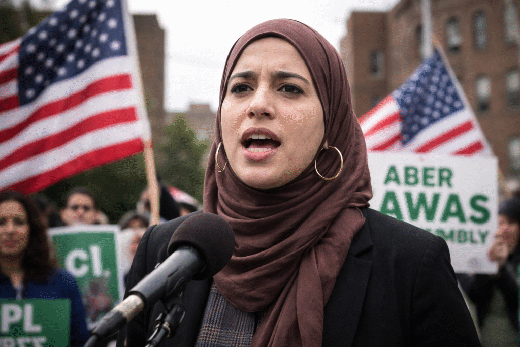 Aber Kawas speaks at a political rally in Queens, standing at a microphone with supporters and American flags visible in the background.
