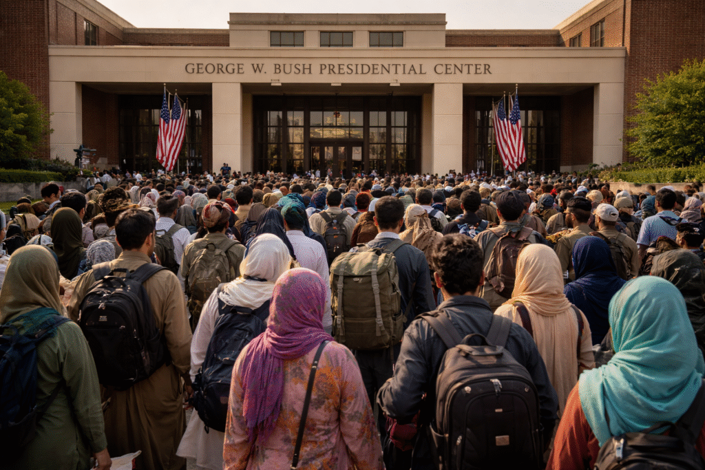 Large crowd of Afghan migrants gathered outside the George W. Bush Presidential Center, with the building entrance and American flags visible in the background.