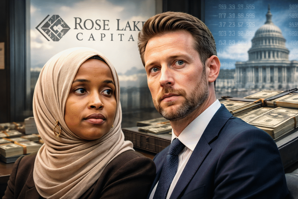 Ilhan Omar and her husband Tim Mynett stand in front of a Rose Lake Capital backdrop, with stacks of cash and the U.S. Capitol visible in the background, illustrating scrutiny over the investment firm and political finances.