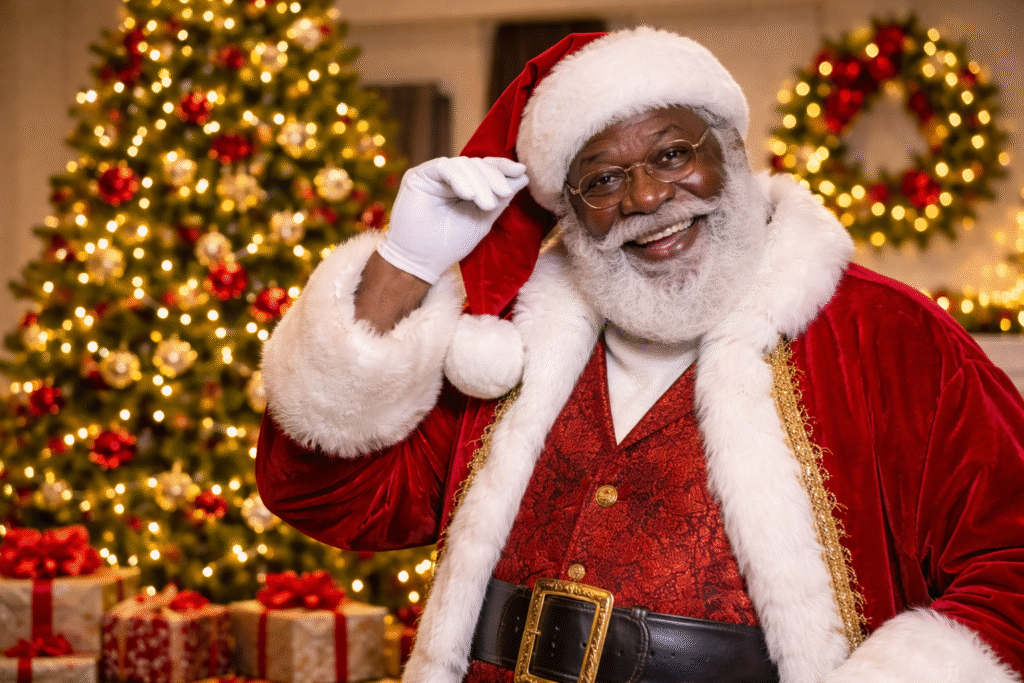 African American Santa Claus smiling in a red suit beside a decorated Christmas tree with lights, ornaments, and wrapped gifts in a warmly lit room.