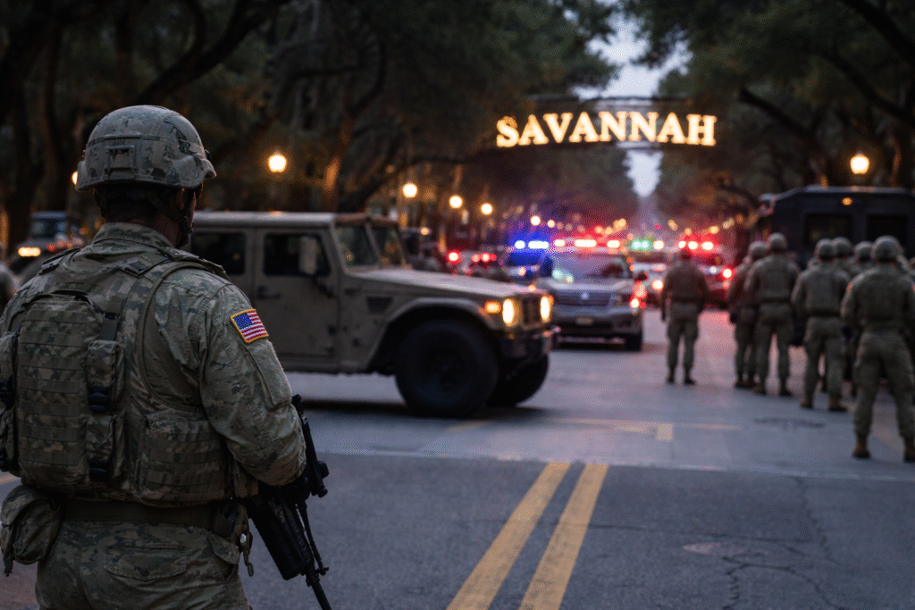 National Guard troops stand on a Savannah, Georgia street near military vehicles and police lights beneath a city archway during a nighttime security operation.