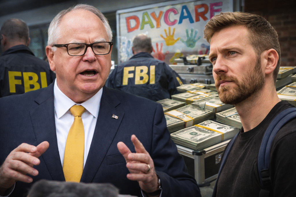 Minnesota Gov. Tim Walz speaks in the foreground as journalist Nick Shirley looks on, with FBI agents, stacks of cash, and a daycare sign in the background illustrating an investigation into alleged daycare fraud.
