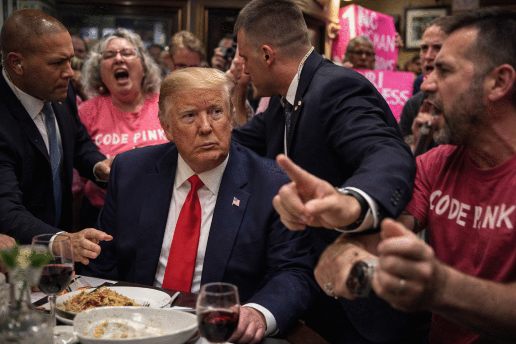 President Donald Trump sits at a restaurant table as Secret Service agents intervene while Code Pink protesters shout nearby, illustrating a close-proximity security incident during a public dining visit.