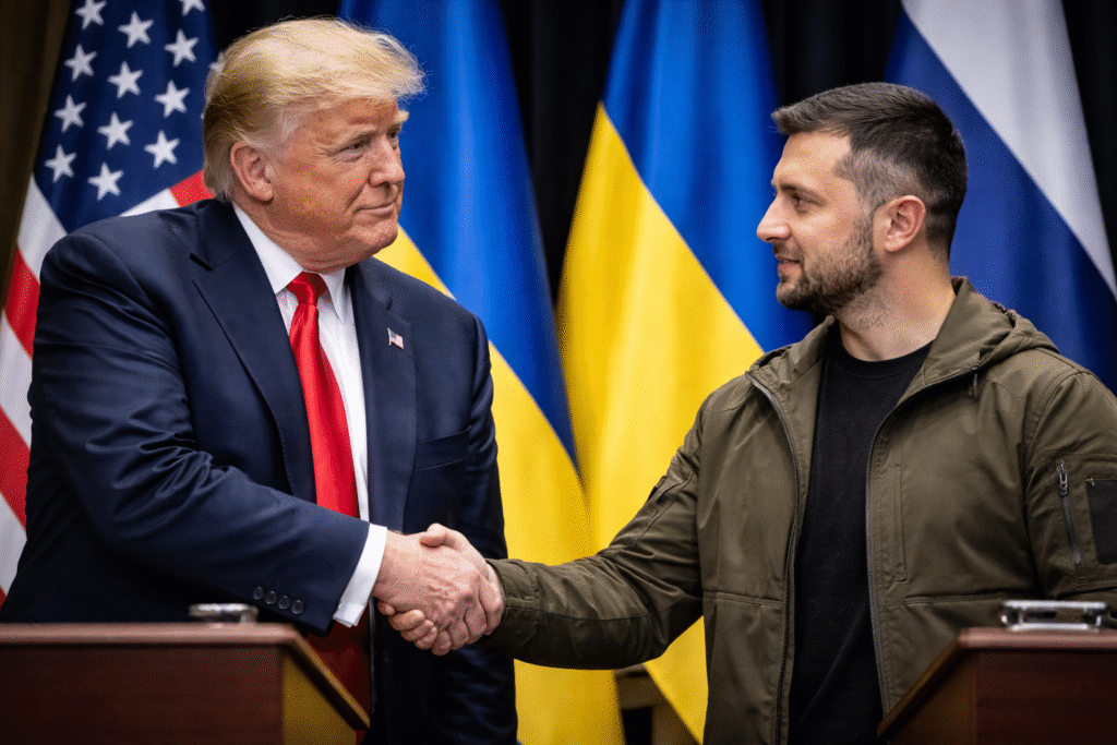President Donald Trump and Ukrainian President Volodymyr Zelensky shake hands during a joint press appearance, with U.S. and Ukrainian flags visible behind them.