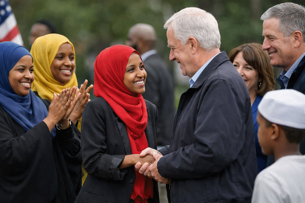 Somali community members wearing colorful hijabs greet and shake hands with Democratic politicians at an outdoor public event, with an American flag visible in the background.