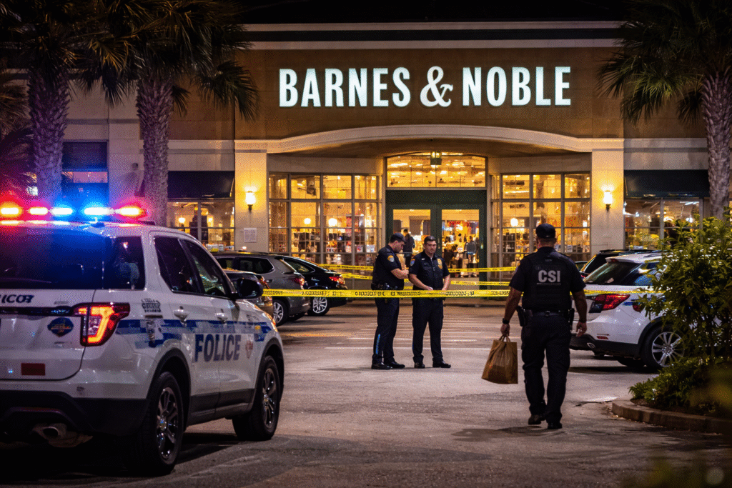 Police secure the exterior of a Barnes & Noble bookstore in South Florida at night, with patrol vehicles, crime scene tape, and investigators present following a fatal stabbing.