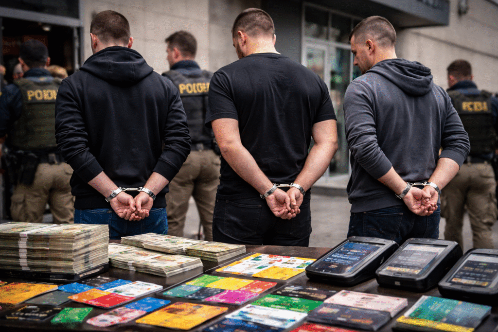 Three handcuffed men stand outside a retail location as law enforcement officers secure stacks of cash, gift cards, and electronic devices seized during a large-scale gift card fraud arrest in Texas.