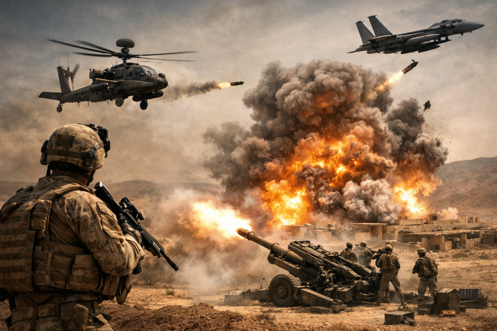 U.S. military forces conduct an air and ground strike operation in a desert environment, with soldiers observing as attack helicopters, fighter jets, and artillery target enemy positions amid explosions.