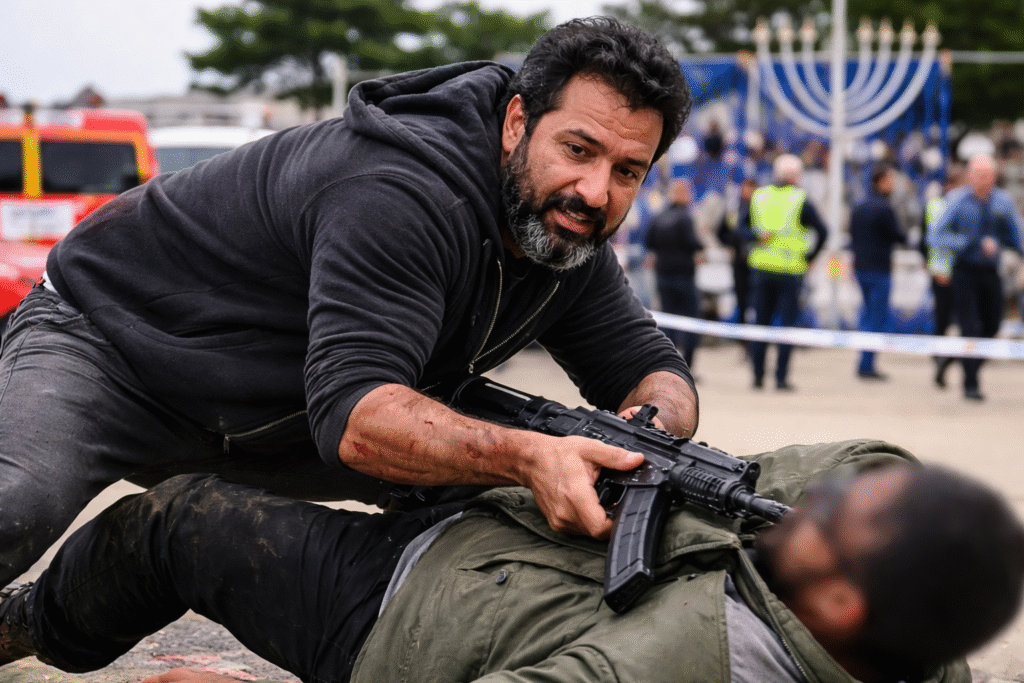 A man restrains a suspected attacker on the ground at Bondi Beach after disarming him, with emergency responders, police tape, and a public event area visible in the background.