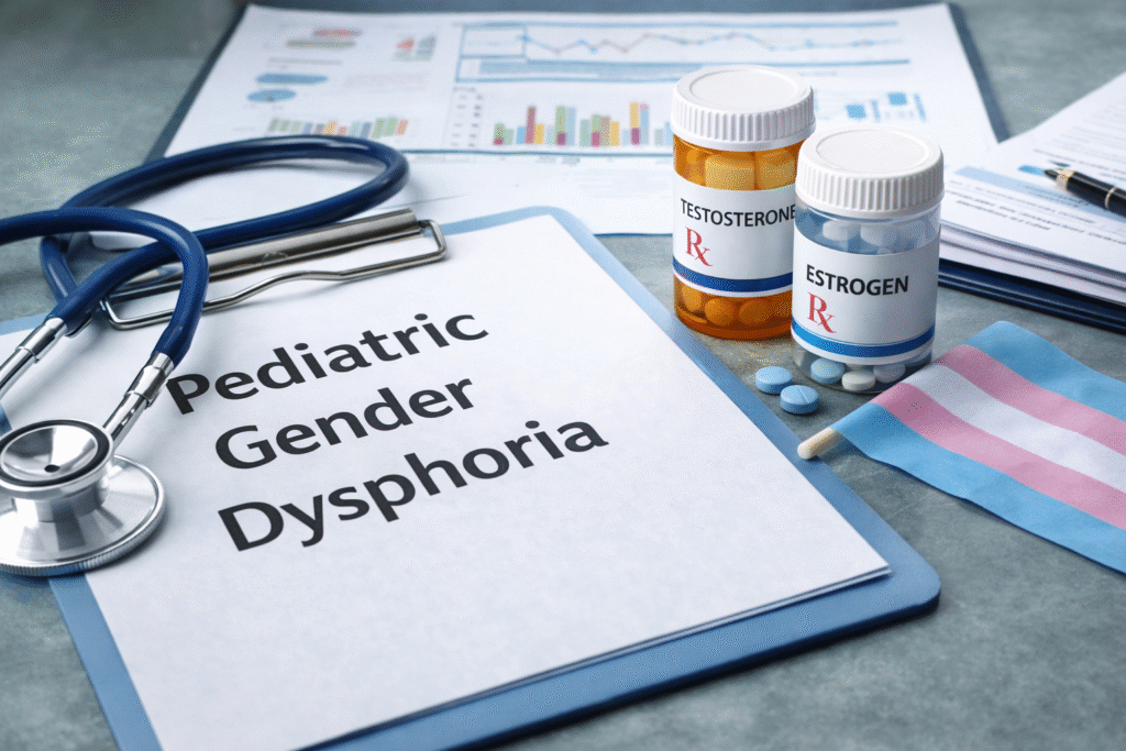 Medical clipboard labeled “Pediatric Gender Dysphoria” beside a stethoscope, prescription bottles marked testosterone and estrogen, scattered pills, and a transgender pride flag on a desk with clinical charts in the background.