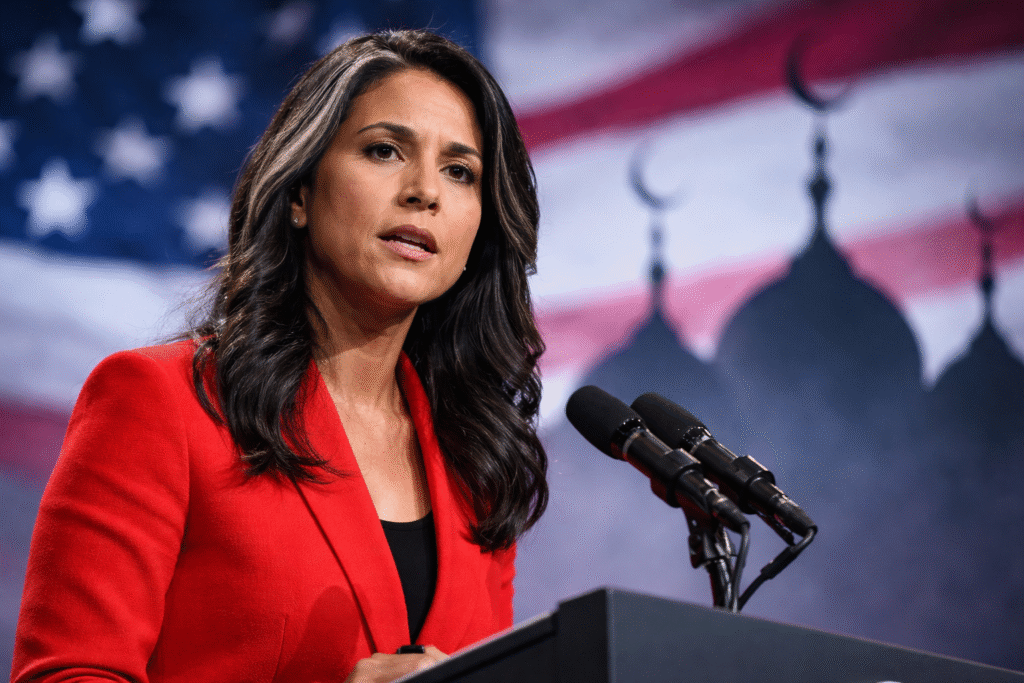 Director of National Intelligence Tulsi Gabbard speaking at a podium with microphones, wearing a red blazer, with an American flag backdrop and blurred silhouettes of mosque minarets in the background.