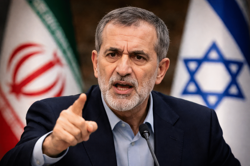 Iranian President Masoud Pezeshkian speaks at a podium while pointing forward, with Iranian and Israeli flags visible in the background.