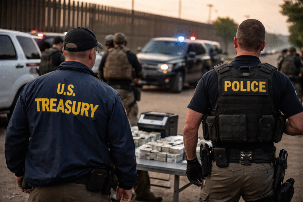U.S. Treasury and law enforcement agents conduct a border operation, standing near seized cash and vehicles along the southern border at dusk.