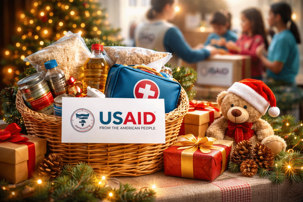 A holiday-themed aid basket labeled USAID sits on a table with food supplies, medical items, wrapped gifts, and Christmas decorations in an indoor relief setting.