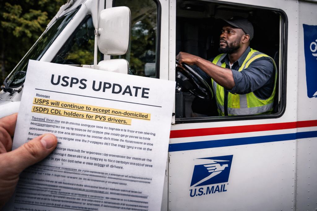 USPS delivery truck driver wearing a safety vest sits behind the wheel as a hand in the foreground holds a USPS update document highlighting acceptance of non-domiciled CDL holders.