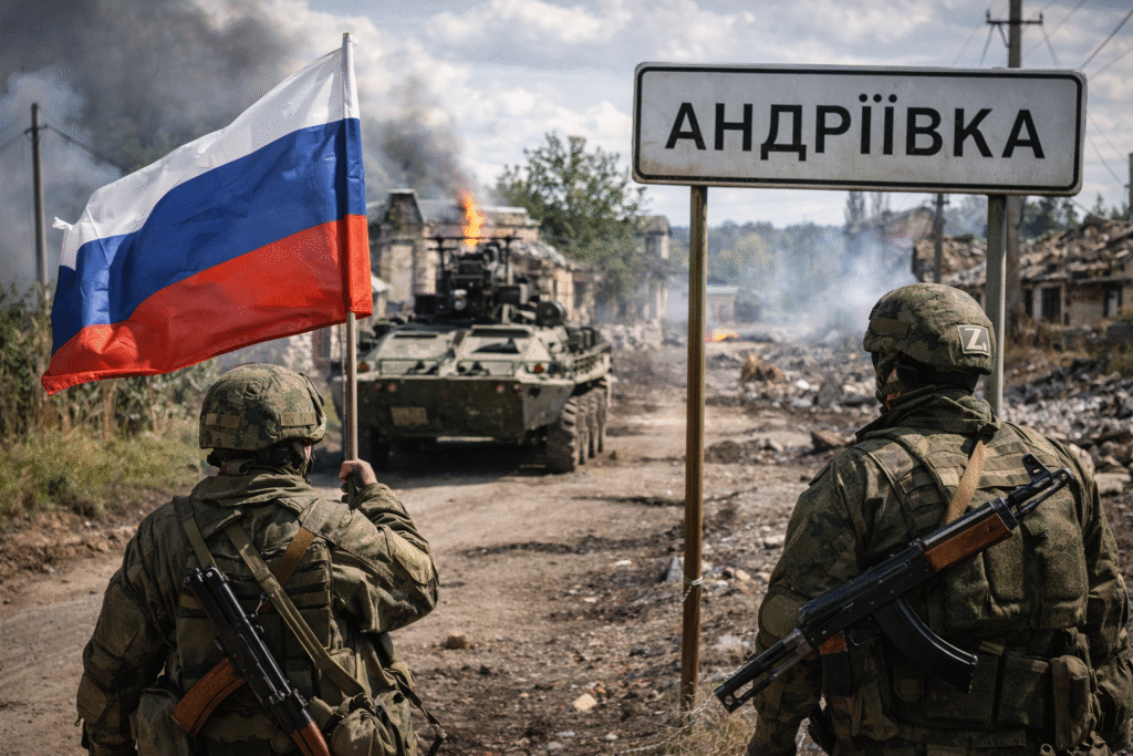 Russian soldiers standing near a road sign for Andreevka with a Russian flag and an armored vehicle visible, amid damaged buildings and smoke in the Dnepropetrovsk region during active combat operations.