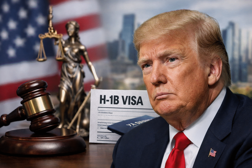 Former President Donald Trump in a dark suit and red tie, seated beside a judge’s gavel and Lady Justice statue, with an H-1B visa document and an American flag in the background.