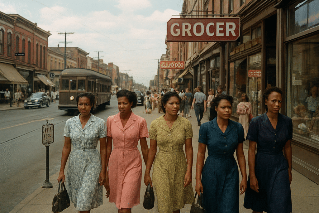 historical Ohio in 1949 is ready! It captures a bustling downtown street scene with vintage cars, storefronts, and people in mid-century clothing, evoking that nostalgic post-war atmosphere.