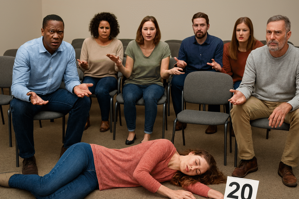 It shows a room filled with chairs, a group of confused people, and a person lying on the ground with the number 20 displayed beside her.