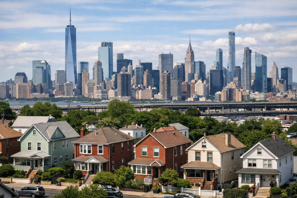 Aerial daytime view of New York City showing rows of single-family homes in a residential neighborhood in the foreground, with the Manhattan skyline and skyscrapers rising in the background across the river.