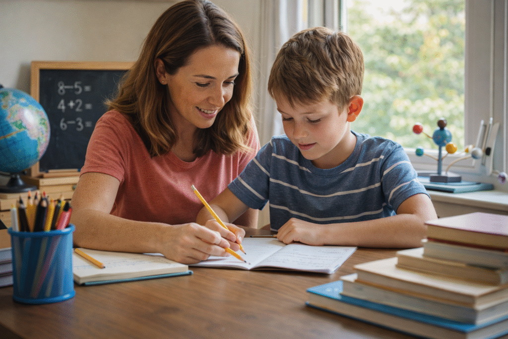 Parent and child working together at a home study desk with books and educational materials, symbolizing homeschooling and personalized learning.