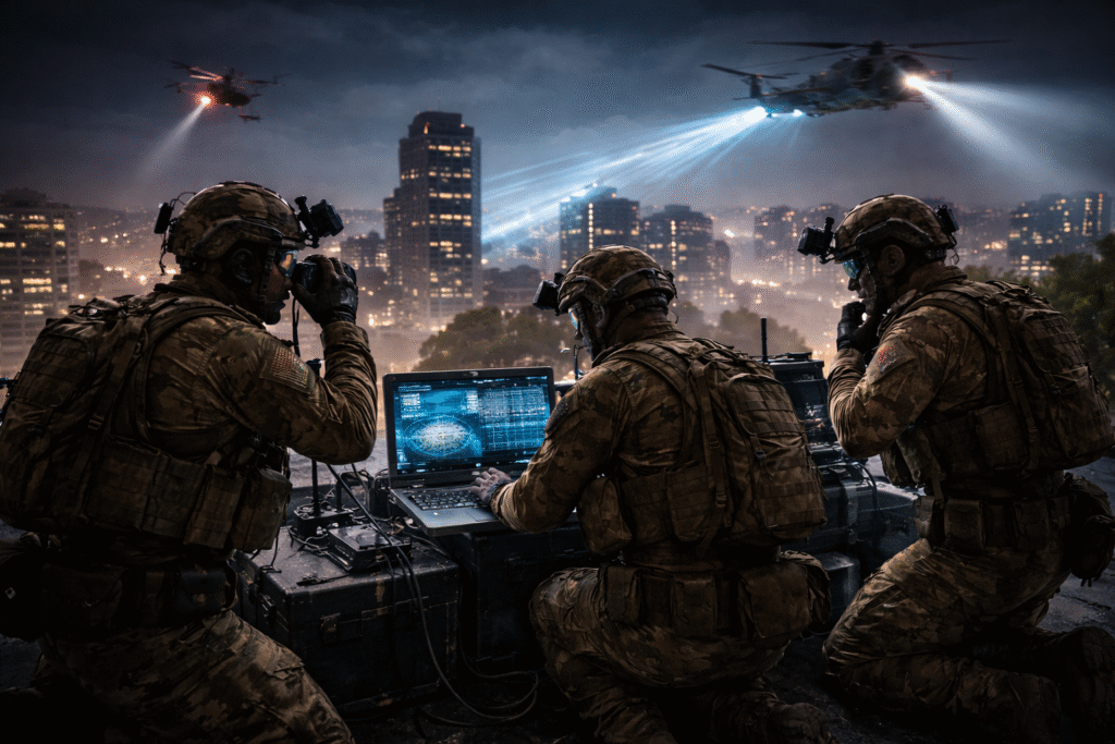 U.S. special forces personnel conduct a nighttime surveillance and coordination operation from a rooftop overlooking Caracas, using laptops, night-vision equipment, and communications gear, with military aircraft visible over the city in the background.