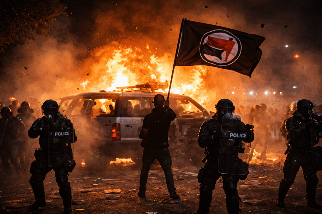 Riot police stand in front of a burning federal vehicle during nighttime unrest in Minneapolis as a masked protester waves a political flag amid smoke and debris.